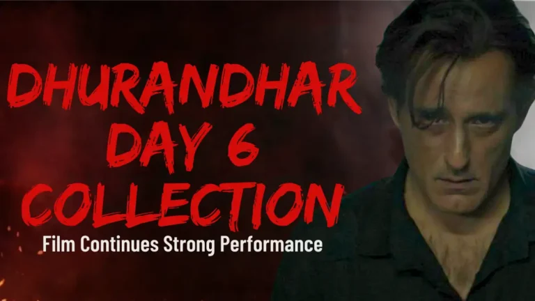 Dhurandhar Day 6 Collection featured image showing intense akshaye khanna with dramatic red background, representing strong box office performance.