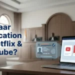 “Illustration showing Supreme Court courtroom with Aadhaar age verification concept for Netflix and YouTube streaming.